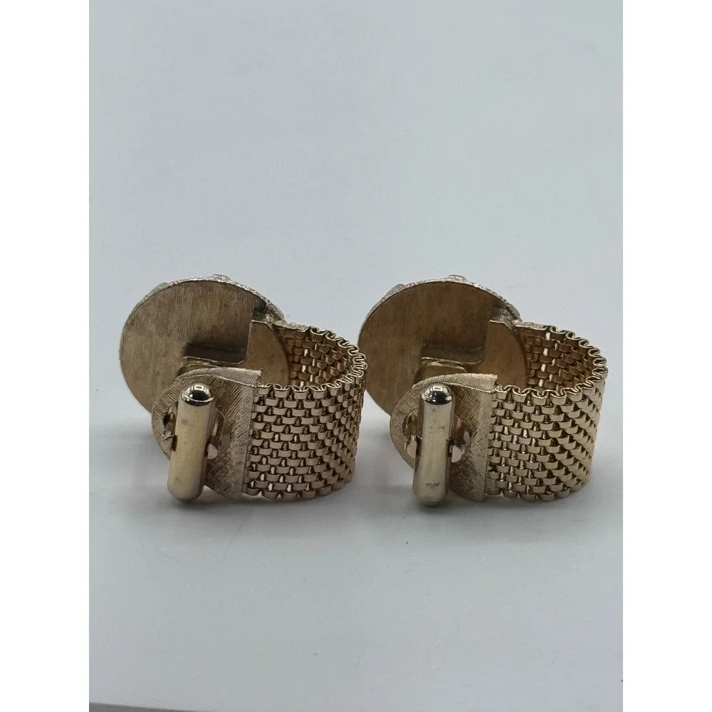 Vintage Gold Tone Mesh‎ Wrap Cufflinks Smoky Rhinestone Statement Men's